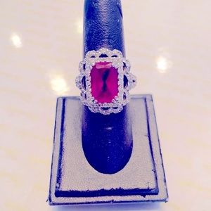 Vintage Sterling Silver Synthetic Ruby Emerald cut with Cubic Zirconia Ring